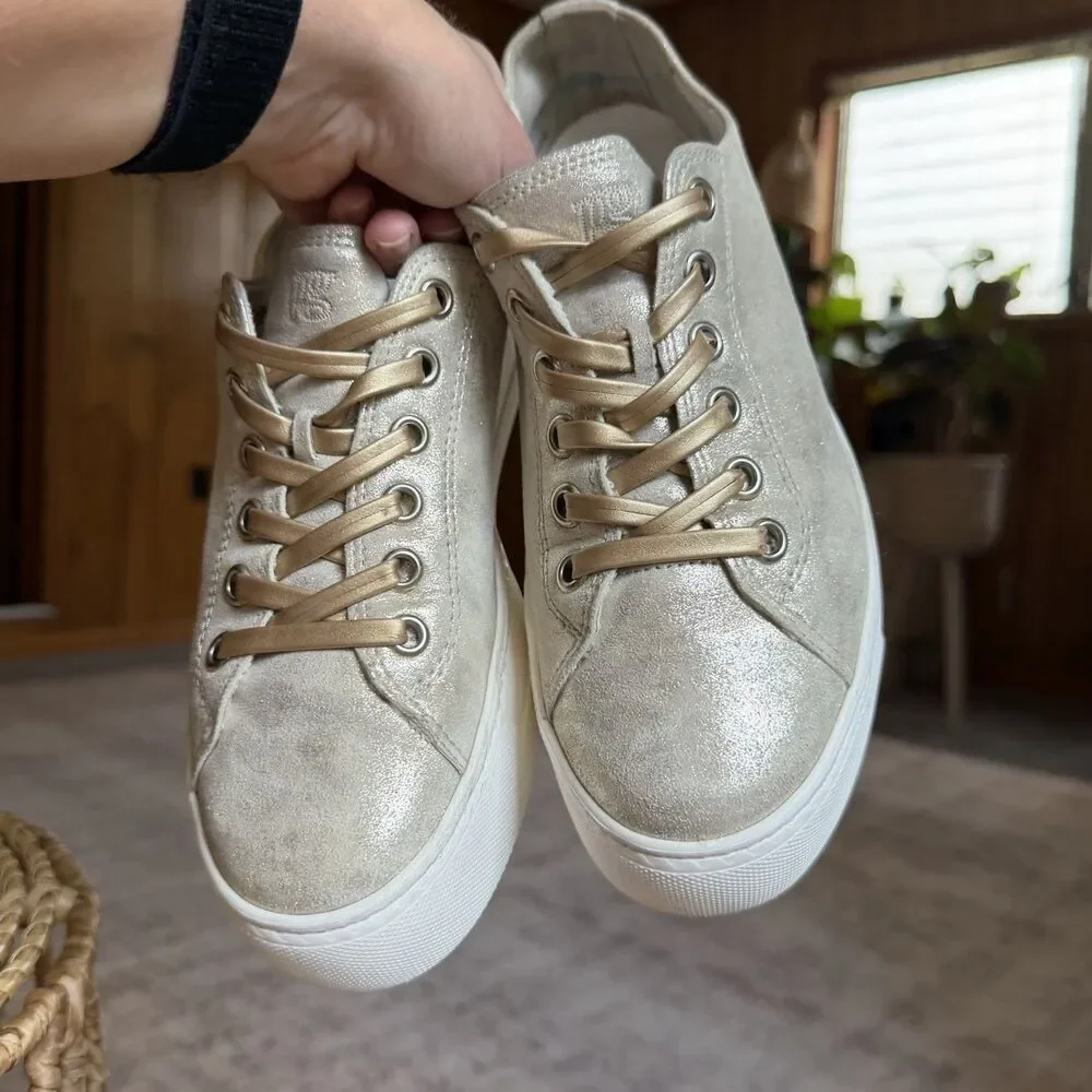 $420 Paul Green Hadley Platform Sneaker Leather Metallic Gold Beige UK 5.5 US 8